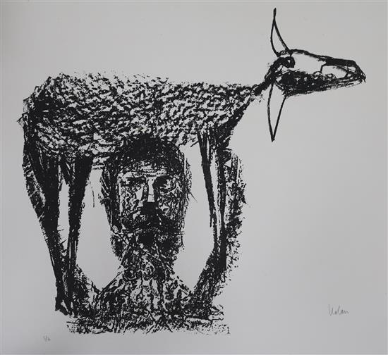 Sydney Nolan, lithograph, Farmer and Sheep, signed in pencil, 5/70, 50 x 66cm, unframed